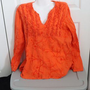 Sandy Starkman Colorful Orange Embroidered Ruffled Tunic Top Lightweight XL